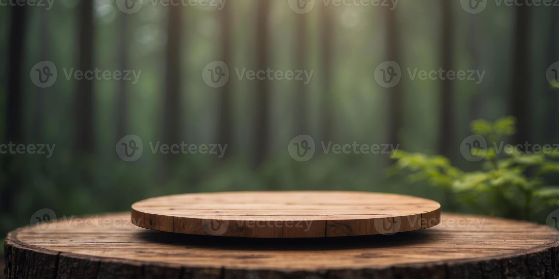 A round wooden platform with a forest in the background. photo