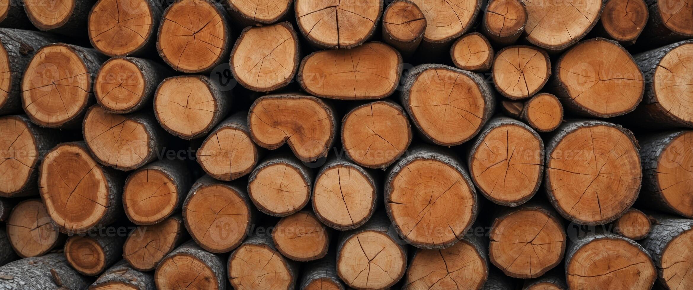 A pile of wood logs with a lot of cracks and holes. photo