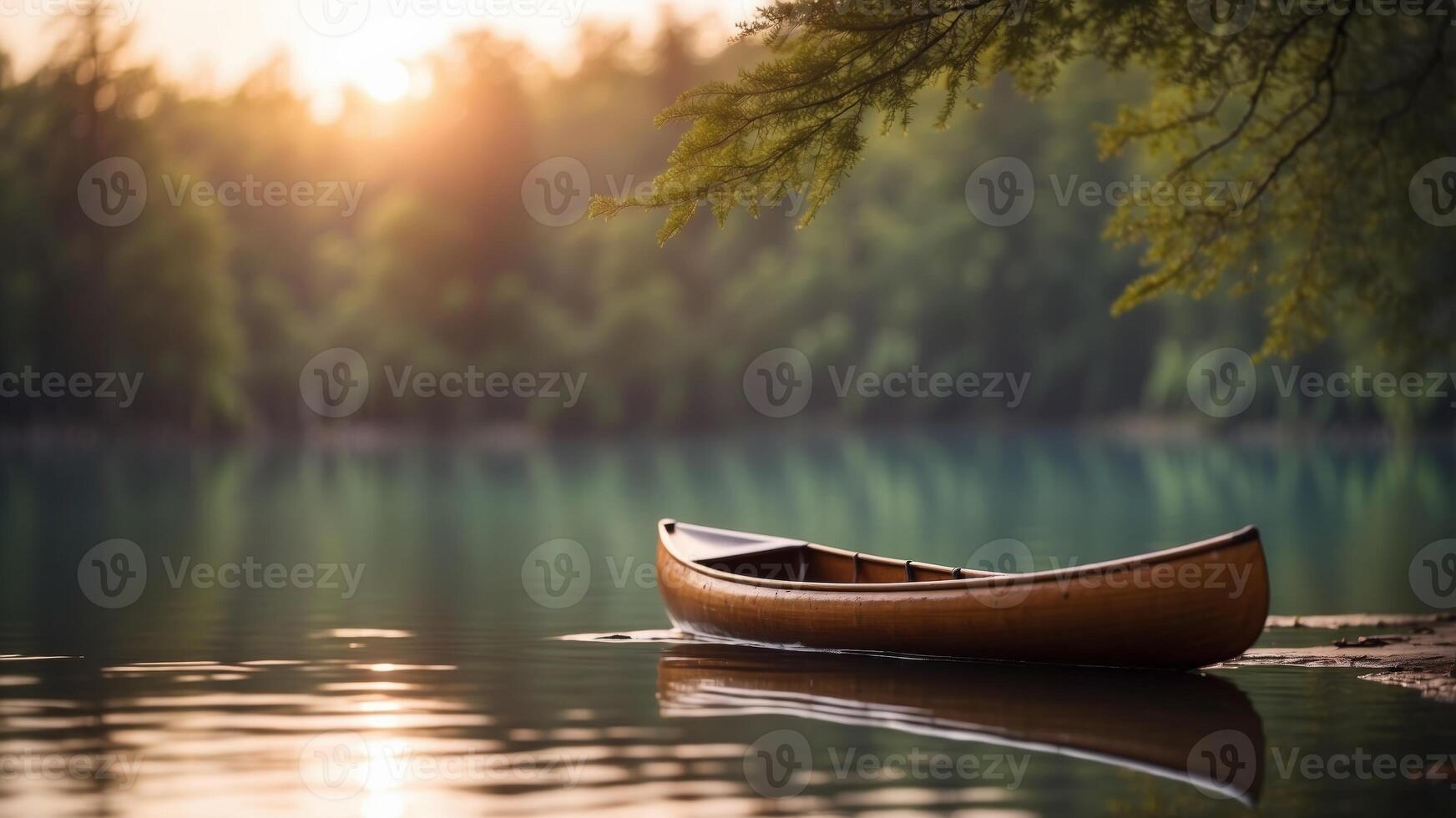 beautiful canoe in the middle of a lake surrounded by forest on a sunrise. photo