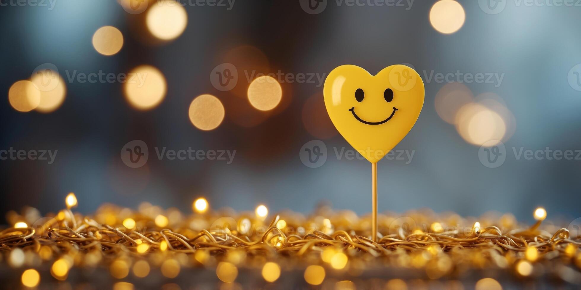 Yellow heart shaped smiley face with a big grin symbolizing joy positivity and love in a playful modern representation of happiness. photo