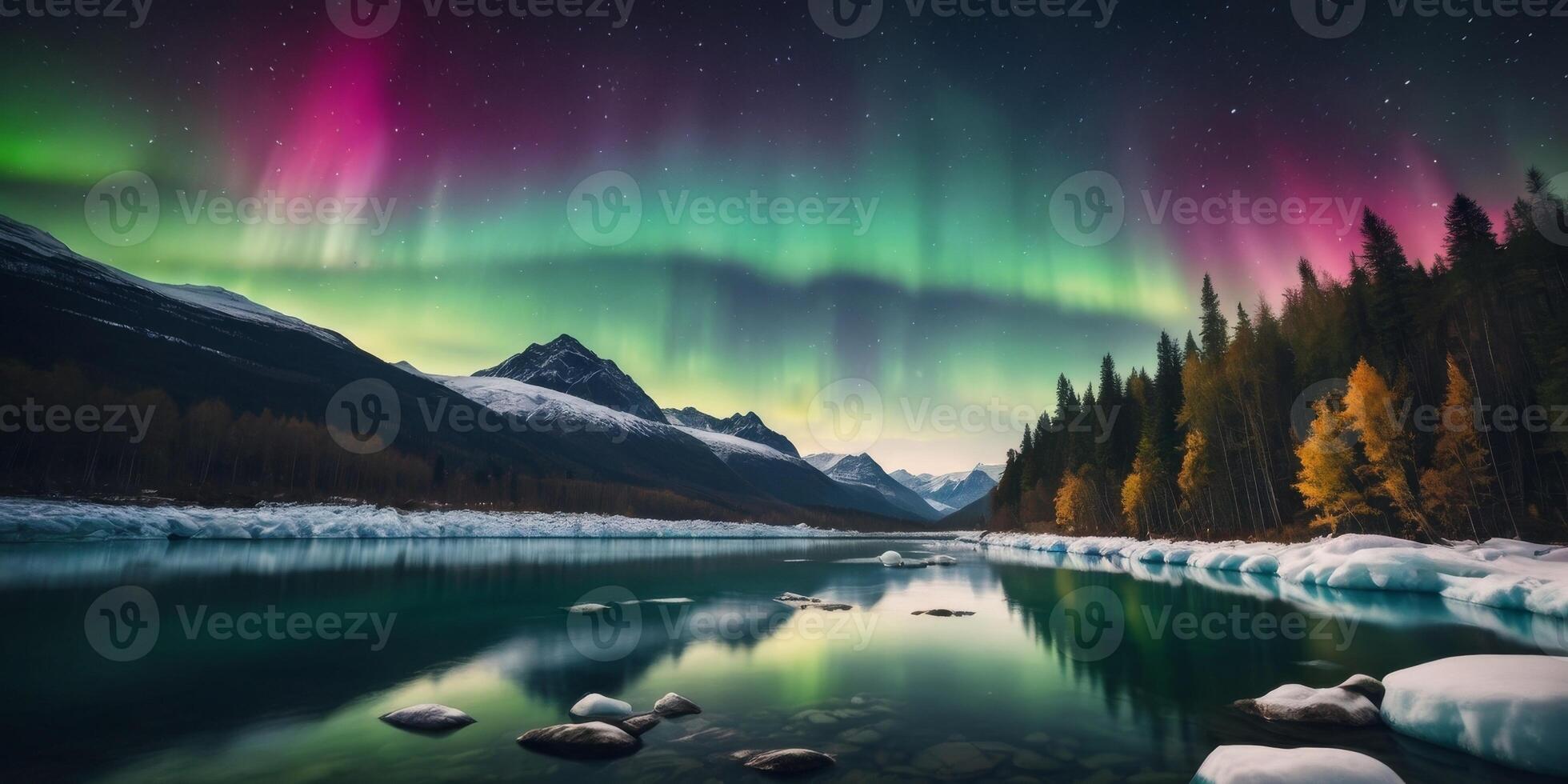 Colorful aurora over forest and glacier river. photo