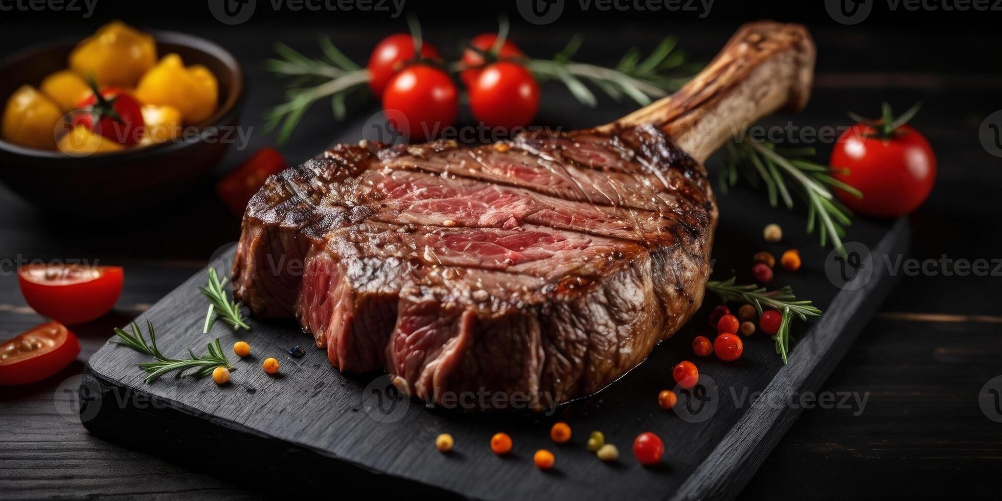 Aerial view of tomahawk steak on a black wooden background. photo