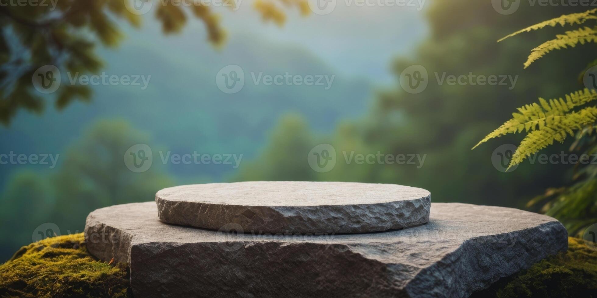 serene nature podium scene flat stone platform on rocky cliff lush green forest background misty blue horizon soft ambient lighting. photo