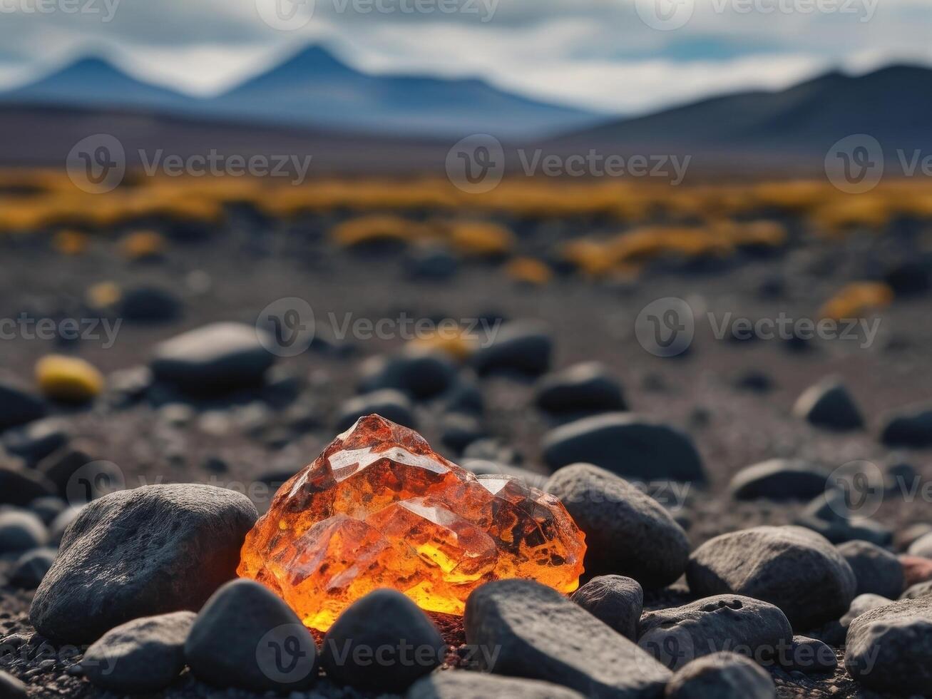 View over dangerous volcanic desert in Iceland with rocks thrown by eruptions and off road trek in summer. photo