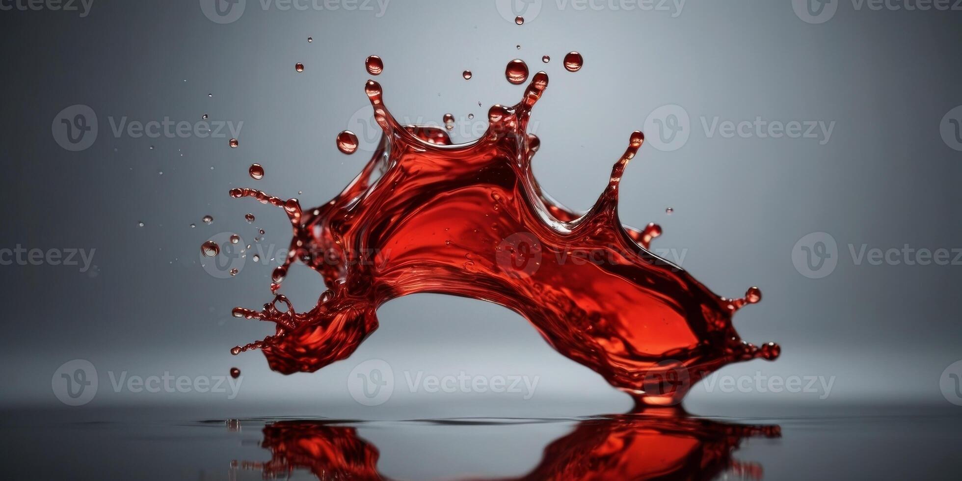 A Splash of Red Liquid with a Reflection on a Gray Surface. photo