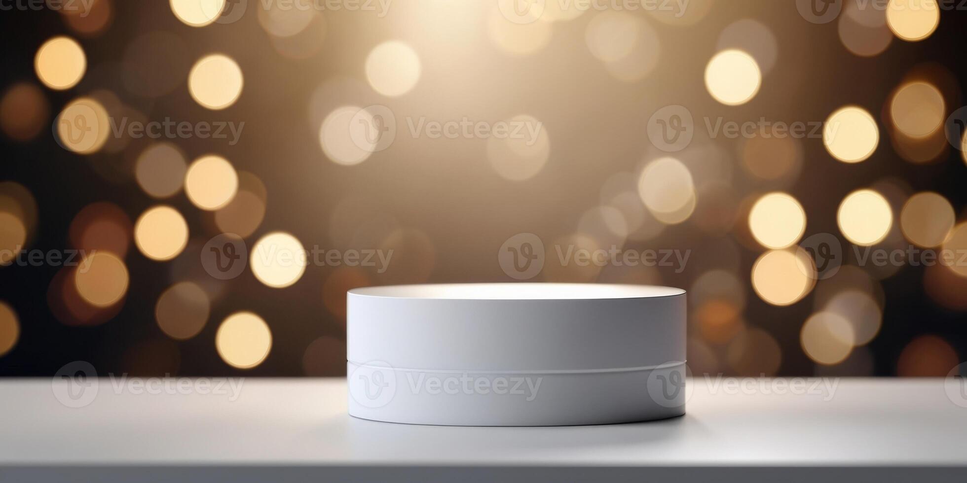 White circle podium three white cylindrical objects arranged row. photo
