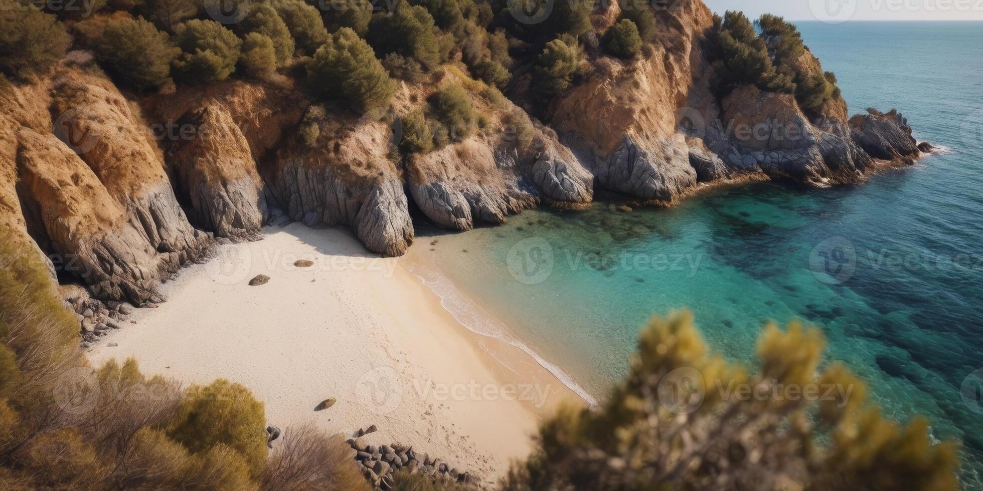 Aerial View of a Secluded Coastal Cove with Rocky Cliffs and a Small Sandy Beach. photo