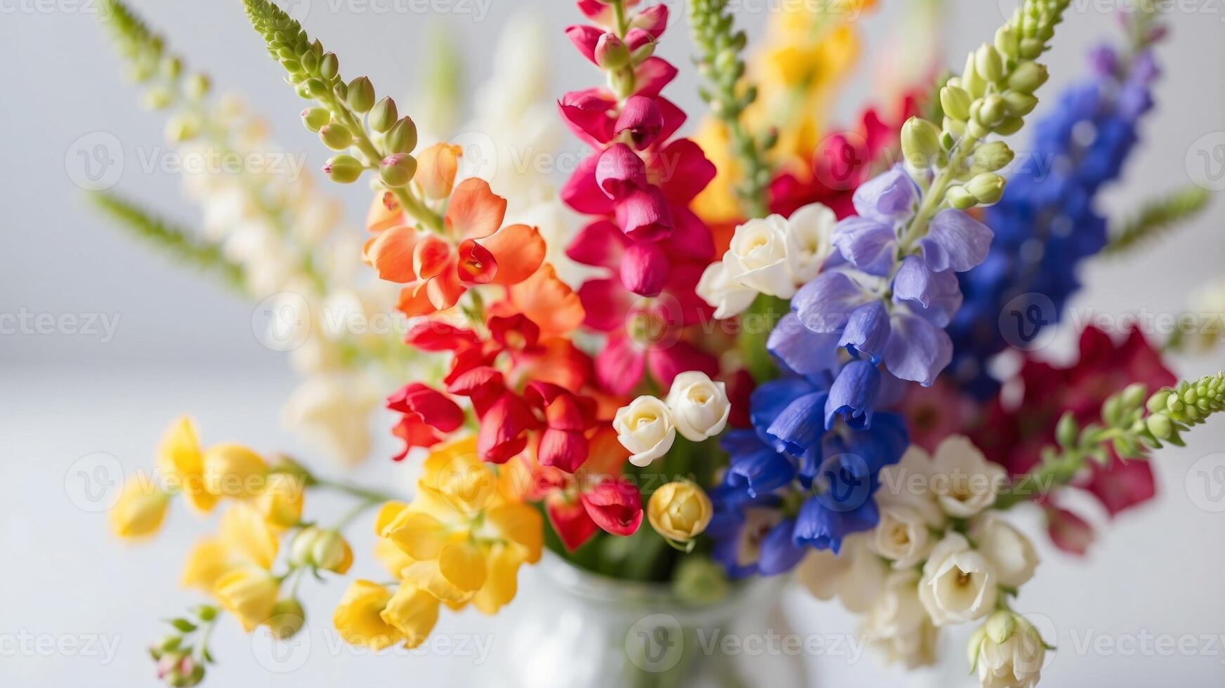 Aerial View of Colorful Snapdragon and Delphinium Bouquet on White Canvas. photo