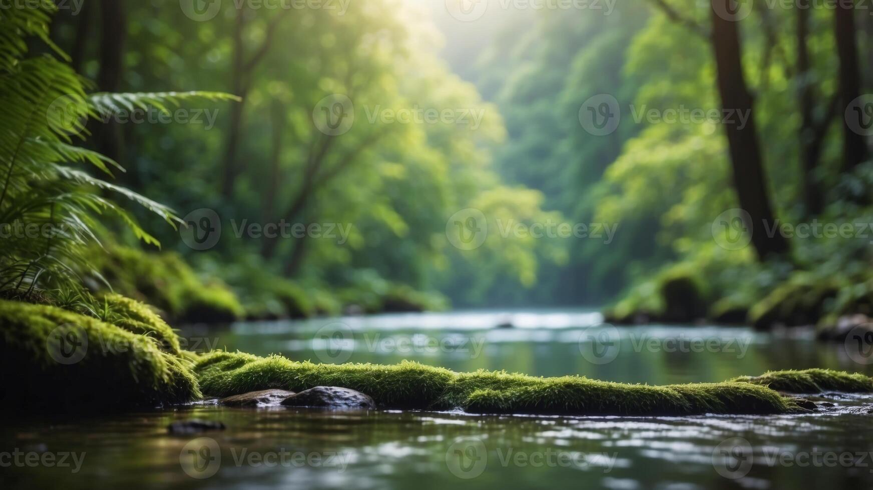 A lush green forest with a river running through it. photo