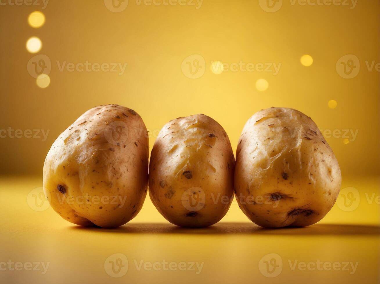 Three Potatoes on Bright Yellow Background. photo