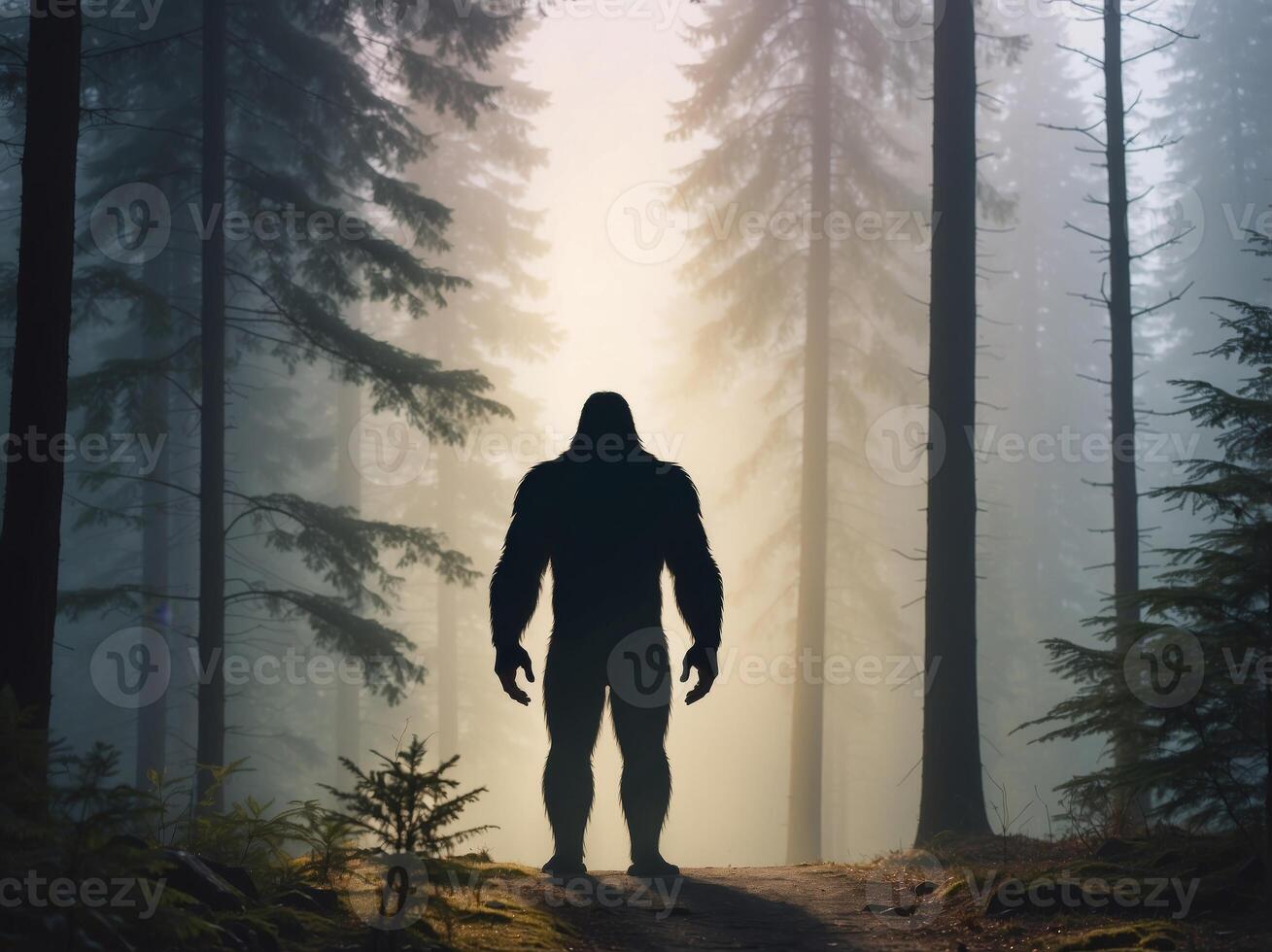 silhouette of Bigfoot standing in the foggy forest. photo