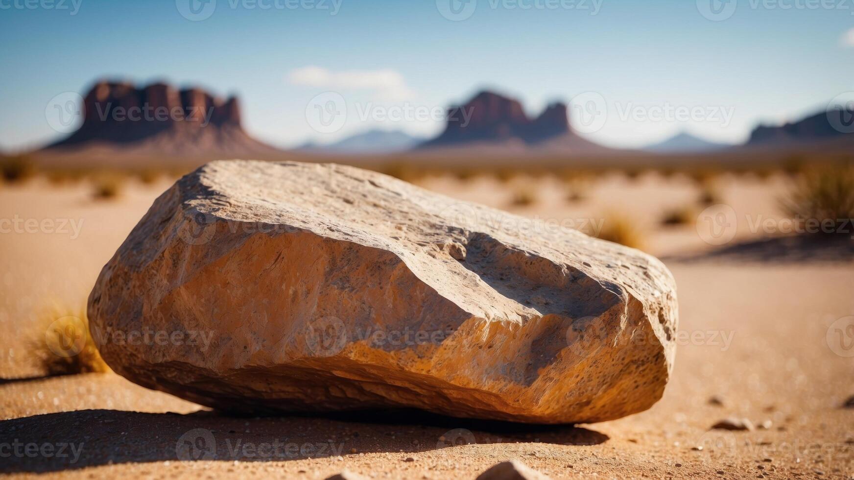 A large rock sits in the middle of a desert. photo