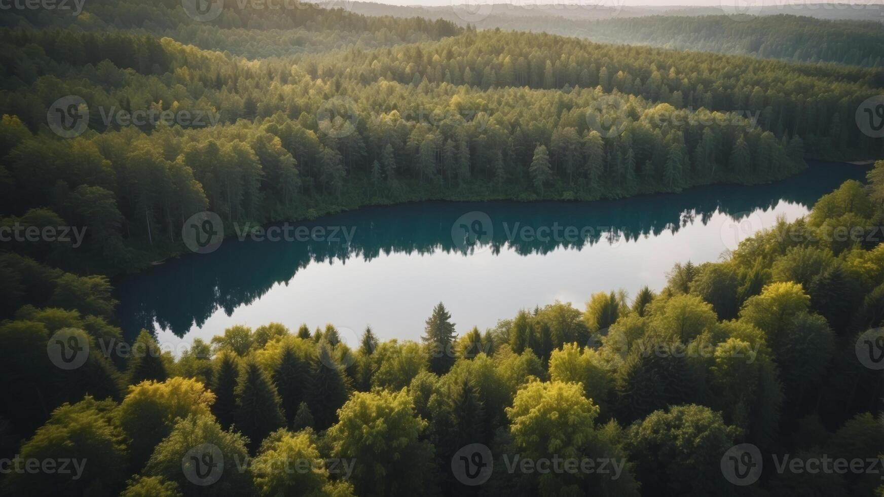 Aerial View of a Lush Forest Surrounding a Tranquil Lake. photo