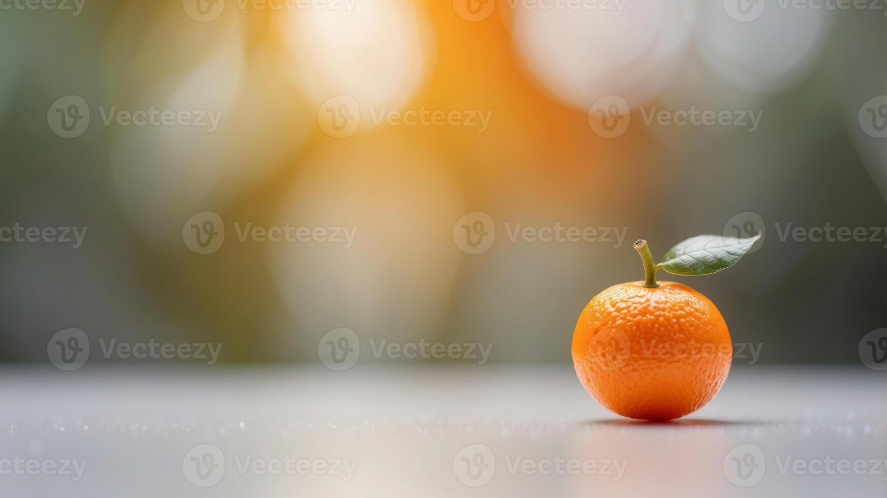 A Single Orange on a White Surface with a Blurred Background. photo
