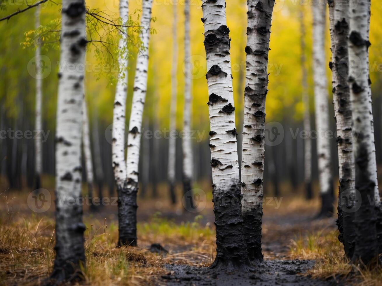 Birch forest covered in black mud showing severe pollution. photo
