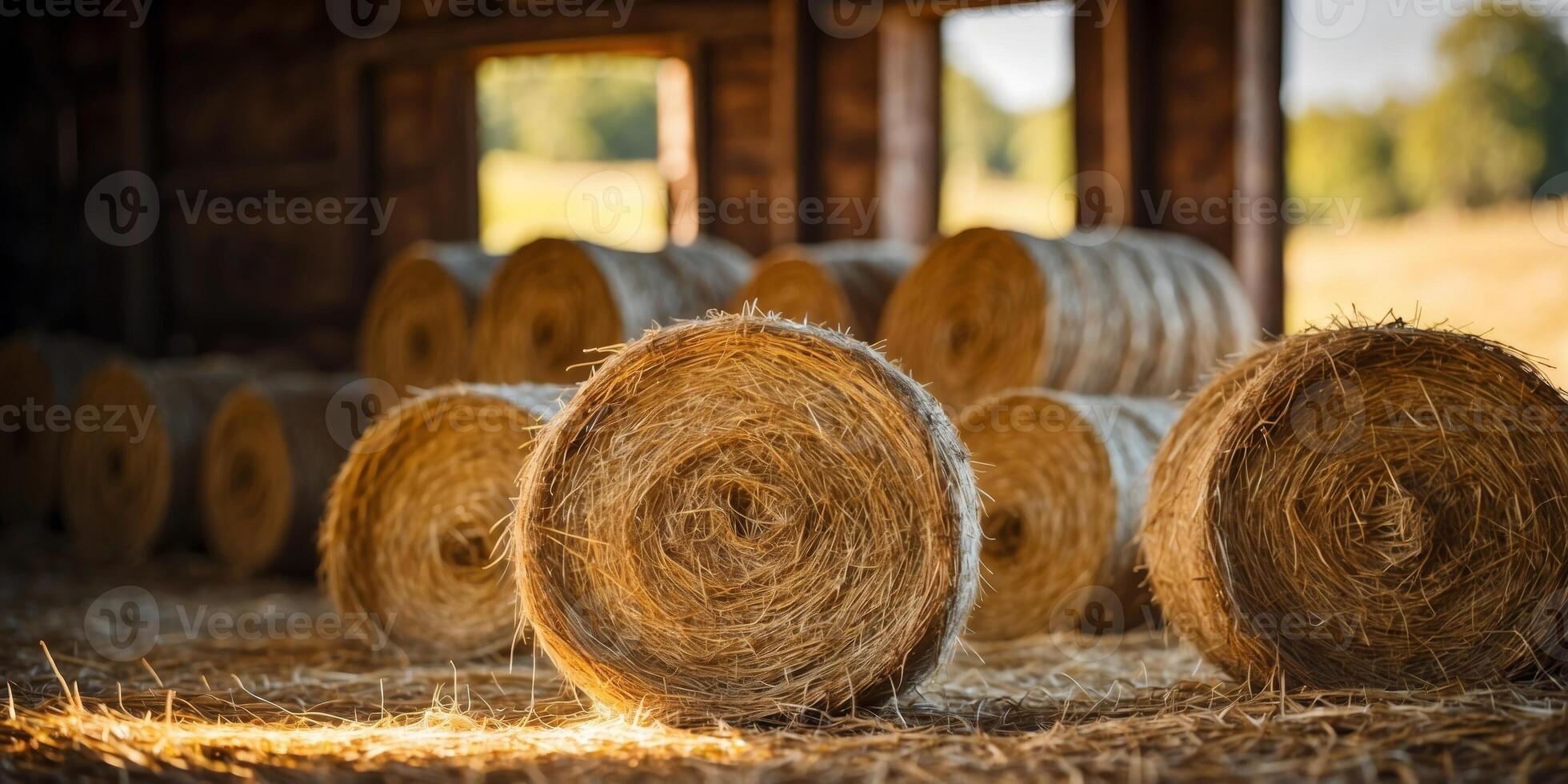 Sunlight Illuminating Hay Bales in a Rustic Barn. photo