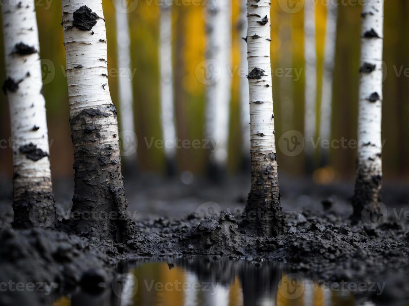 Birch forest covered in black mud showing severe pollution. photo
