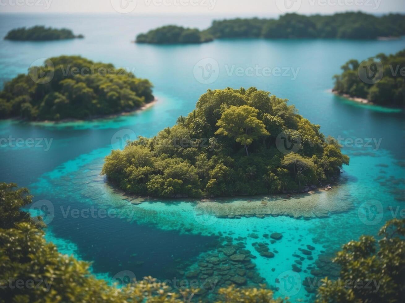 Aerial View of a Lush Tropical Island with a Turquoise Lagoon. photo