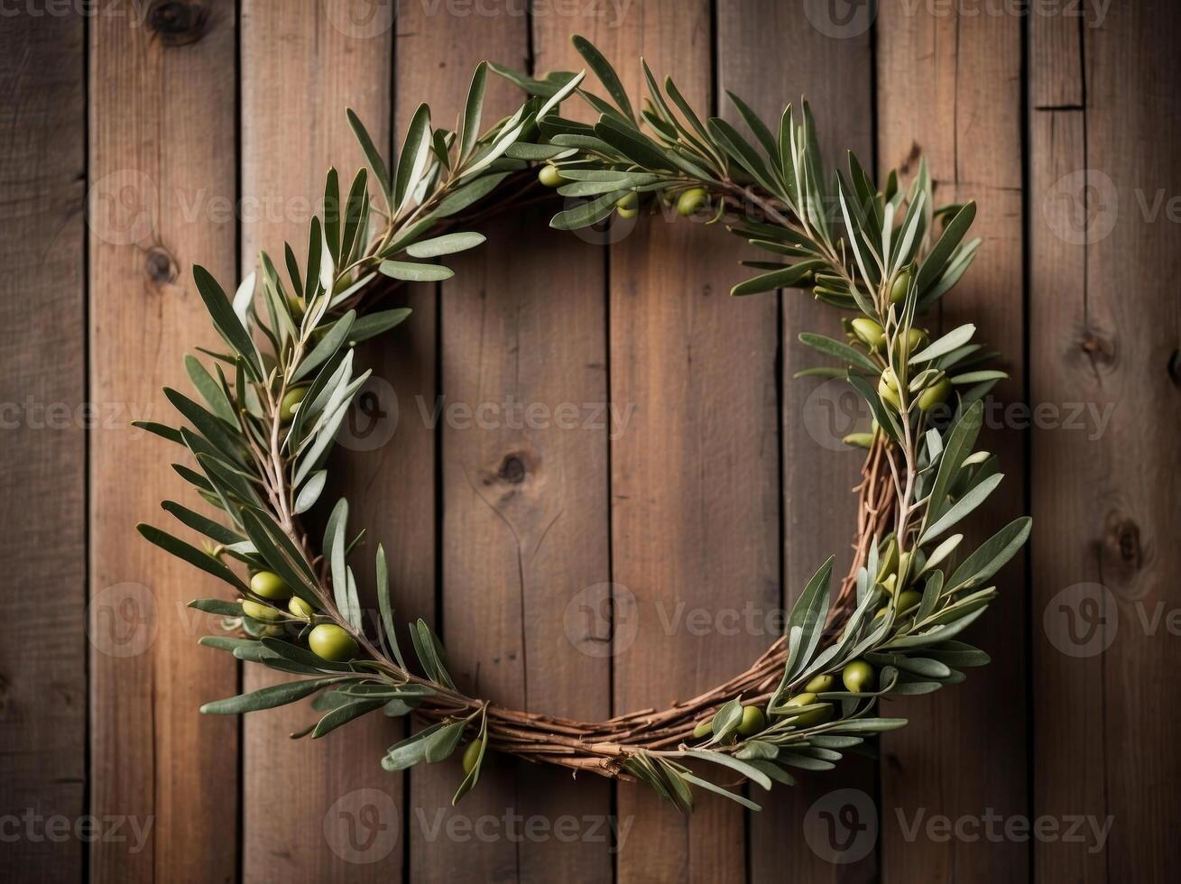 Olive Branch Wreath Framing a Rustic Wooden Background. photo