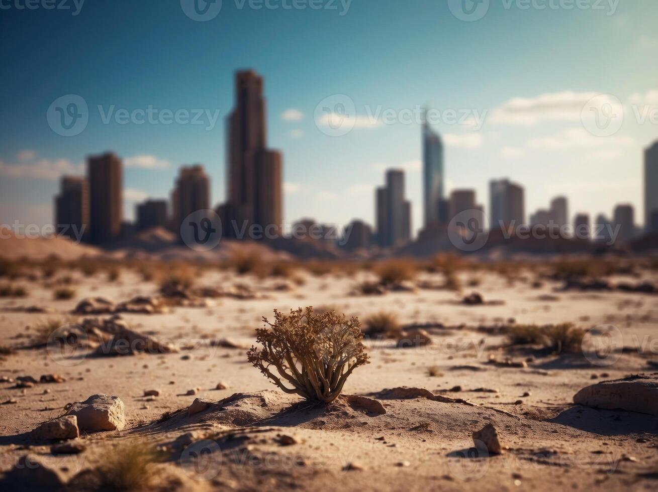 A post apocalypse desert with ruined city sky scraper in the distance. photo