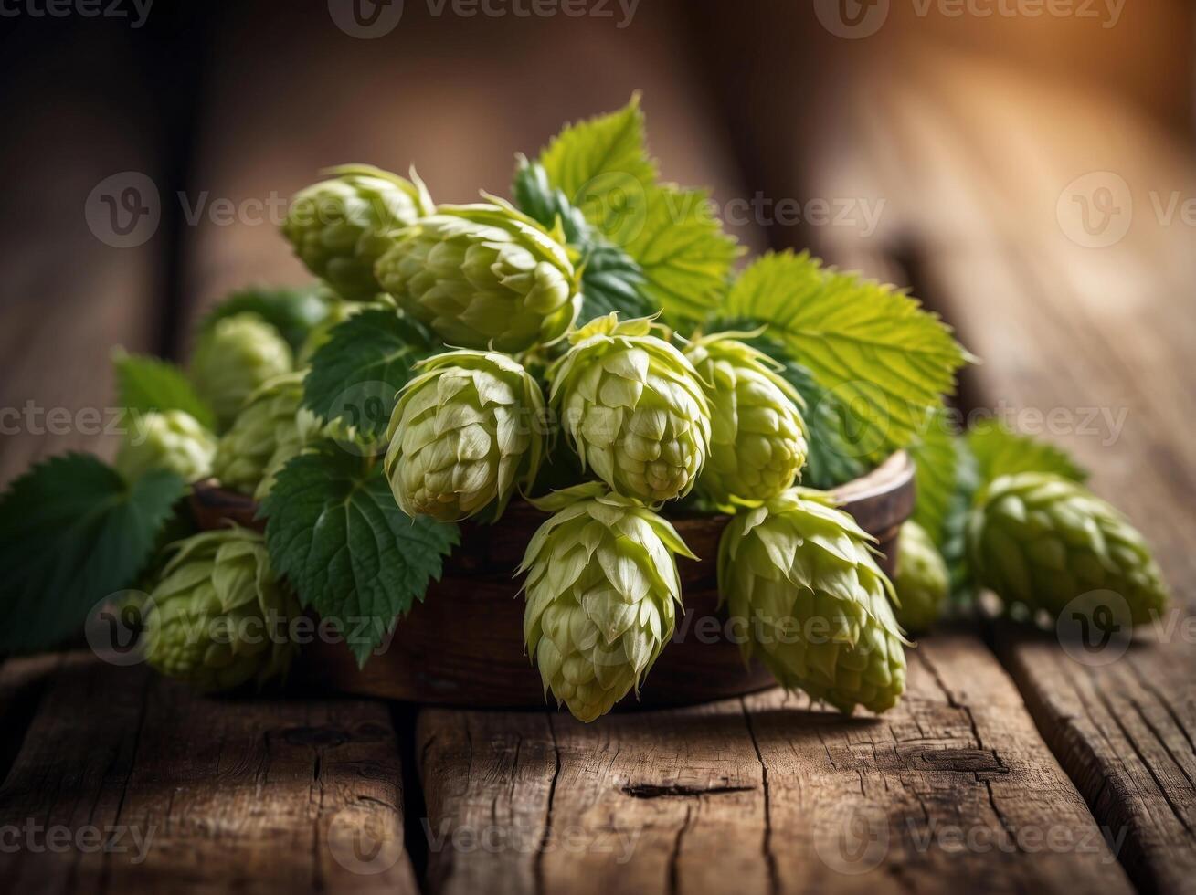 Fresh green hops branch on an aged wooden table with a rustic barrel. photo