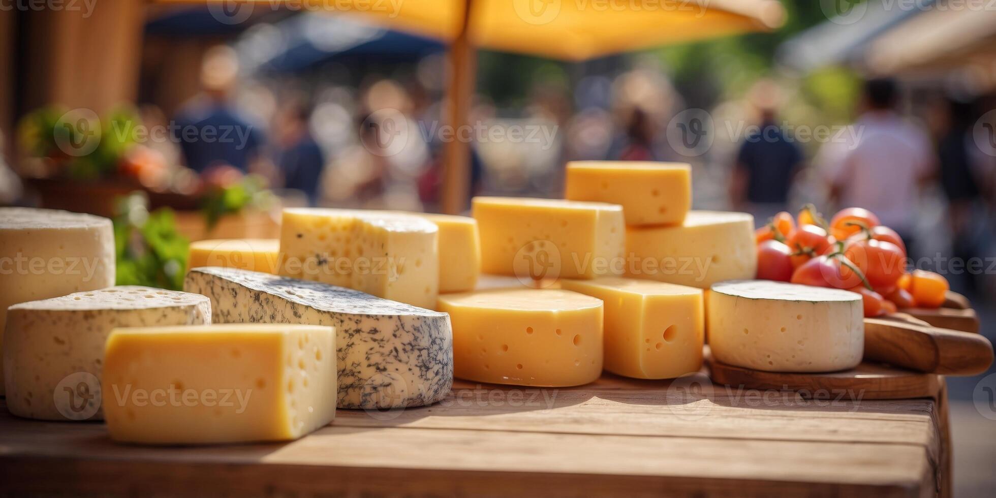 Outdoor space with artisan cheese stalls copy space image. photo