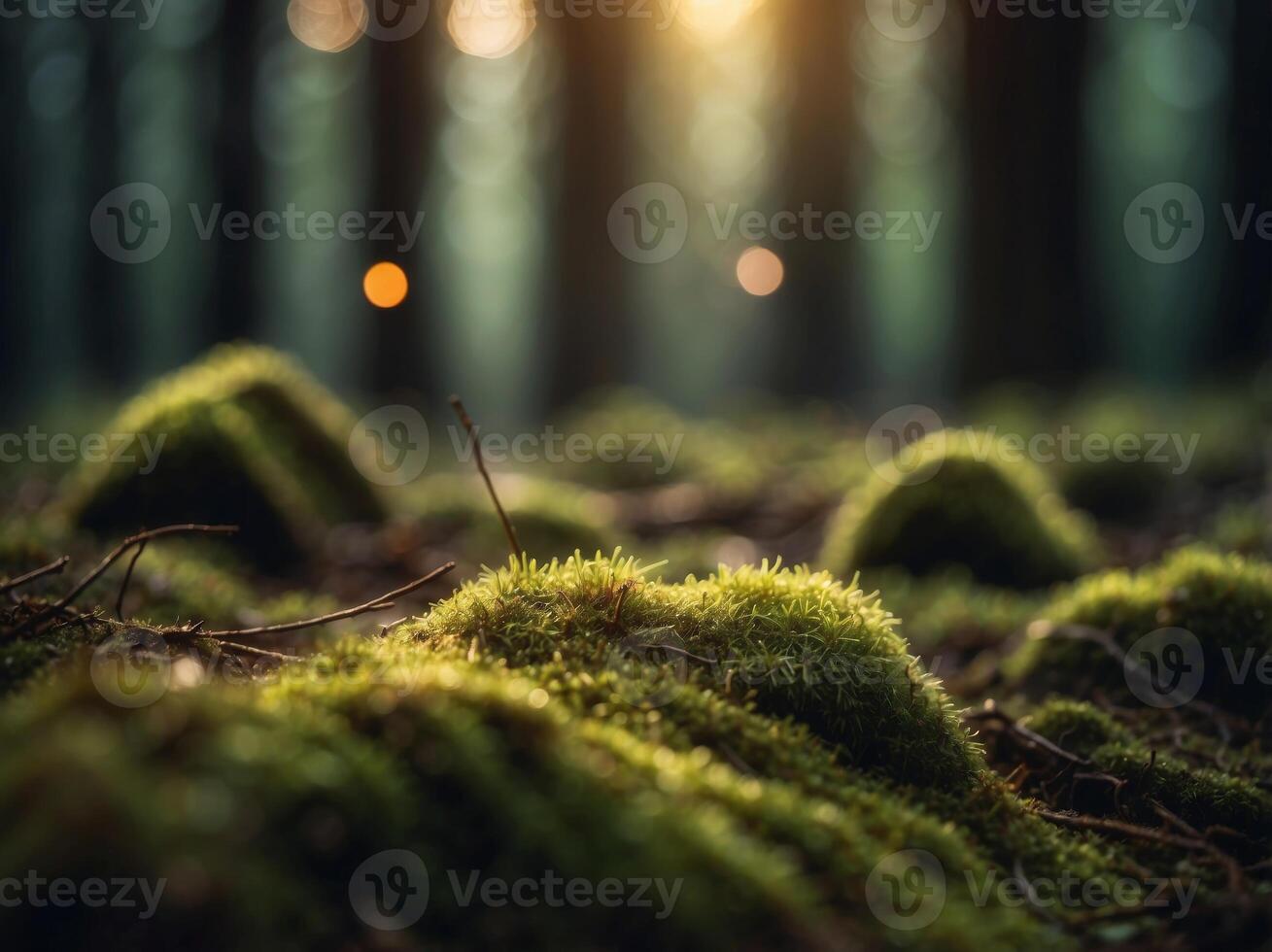 un místico bosque dónde el suelo es cubierto en brillante musgo. foto