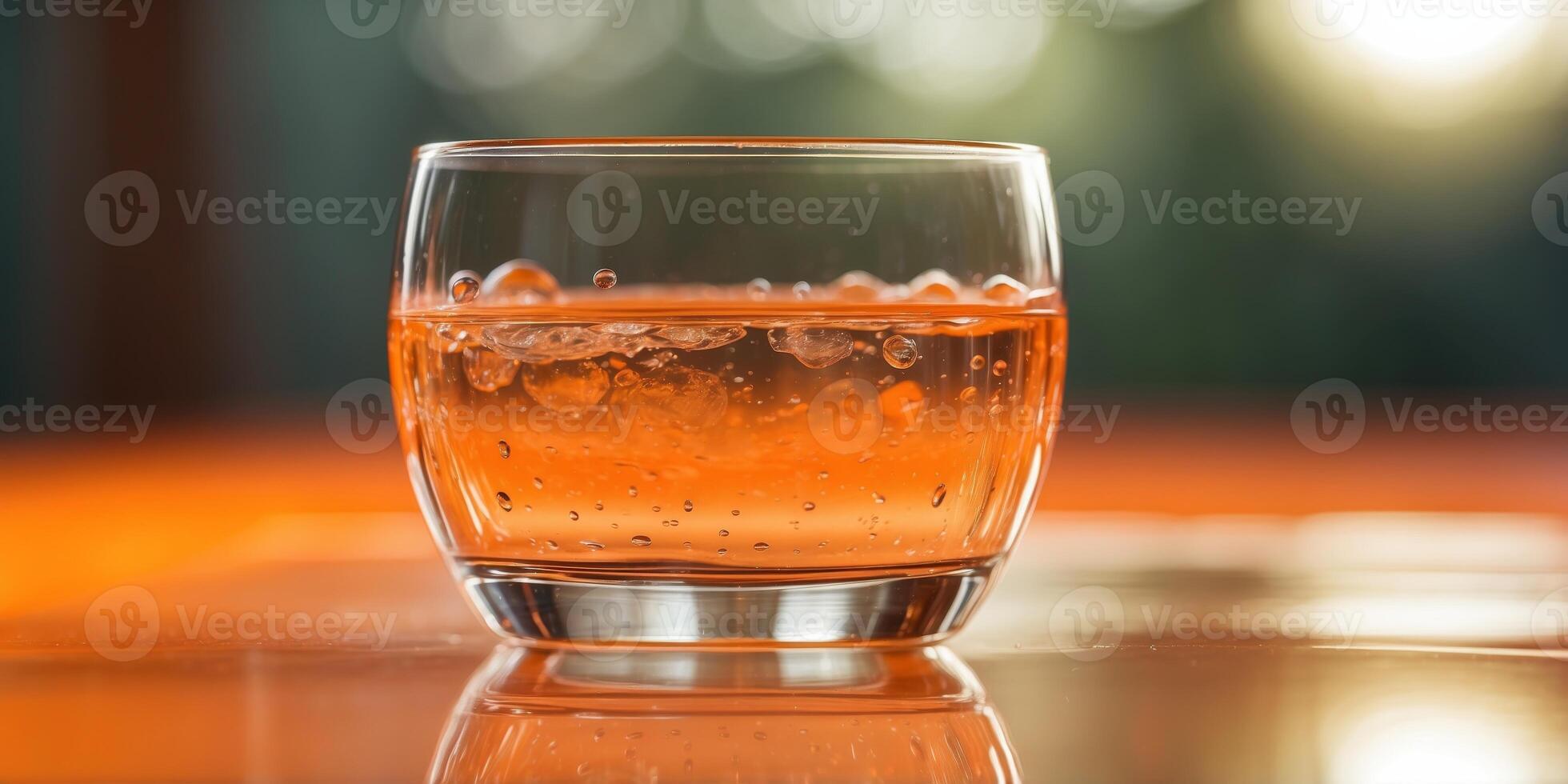 Clear glass half full of water on orange background with reflection and shadow. photo