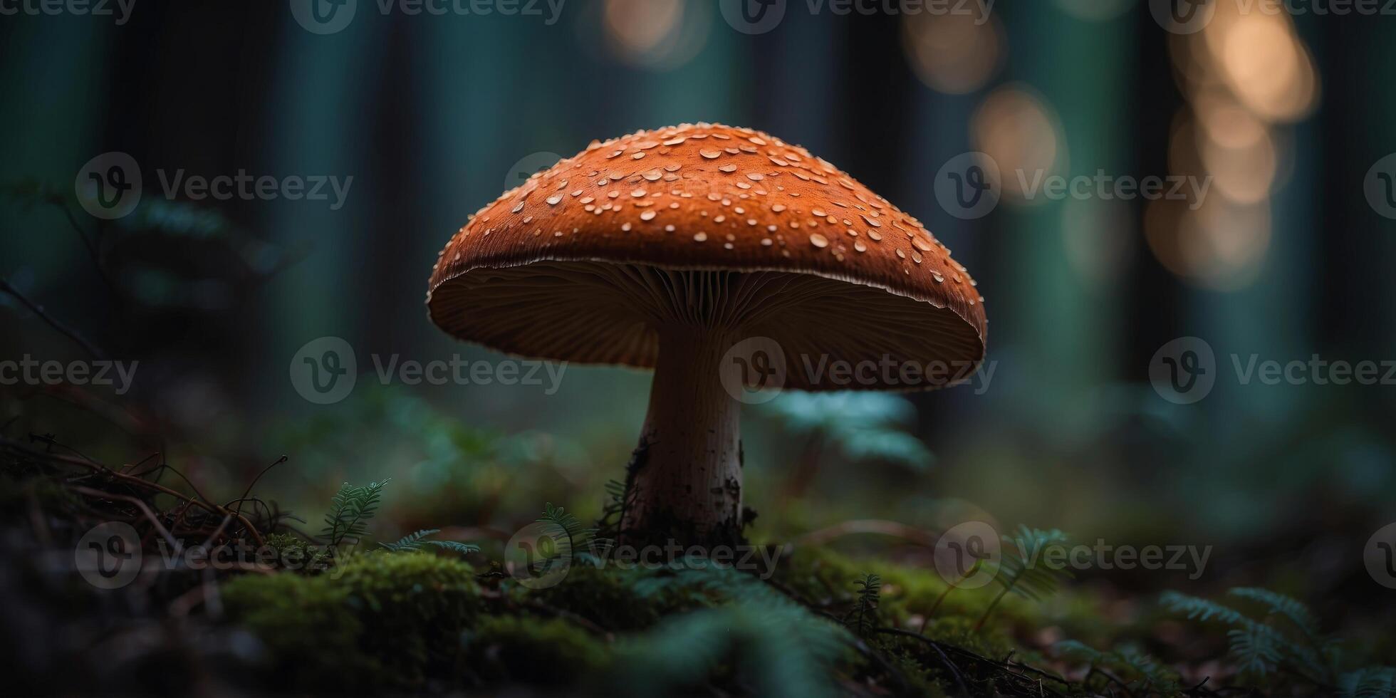 Mysterious Dark Forest with Enigmatic Large Mushroom Silhouette. photo