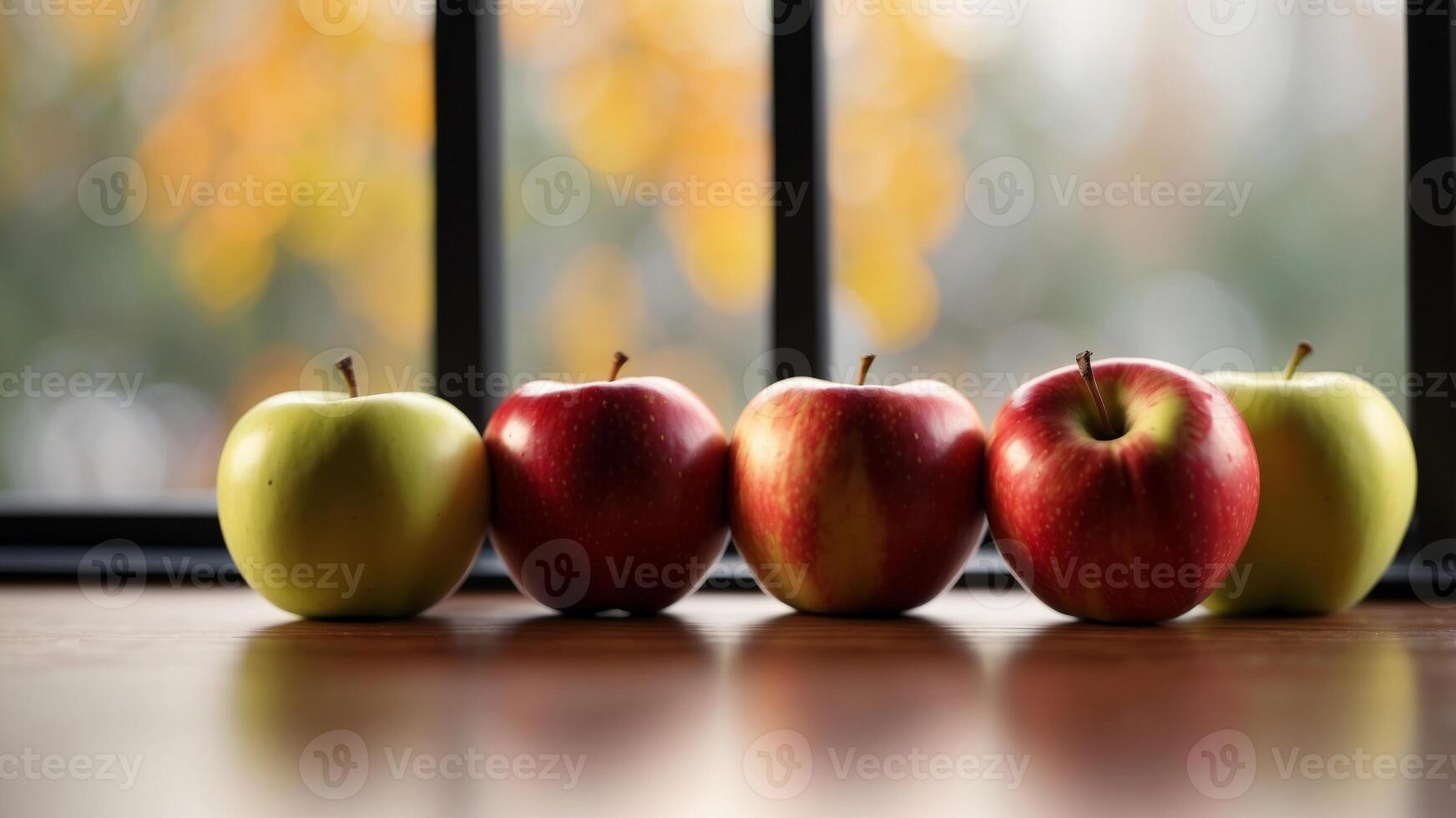 Autumn Apples on Table with Window Background. photo