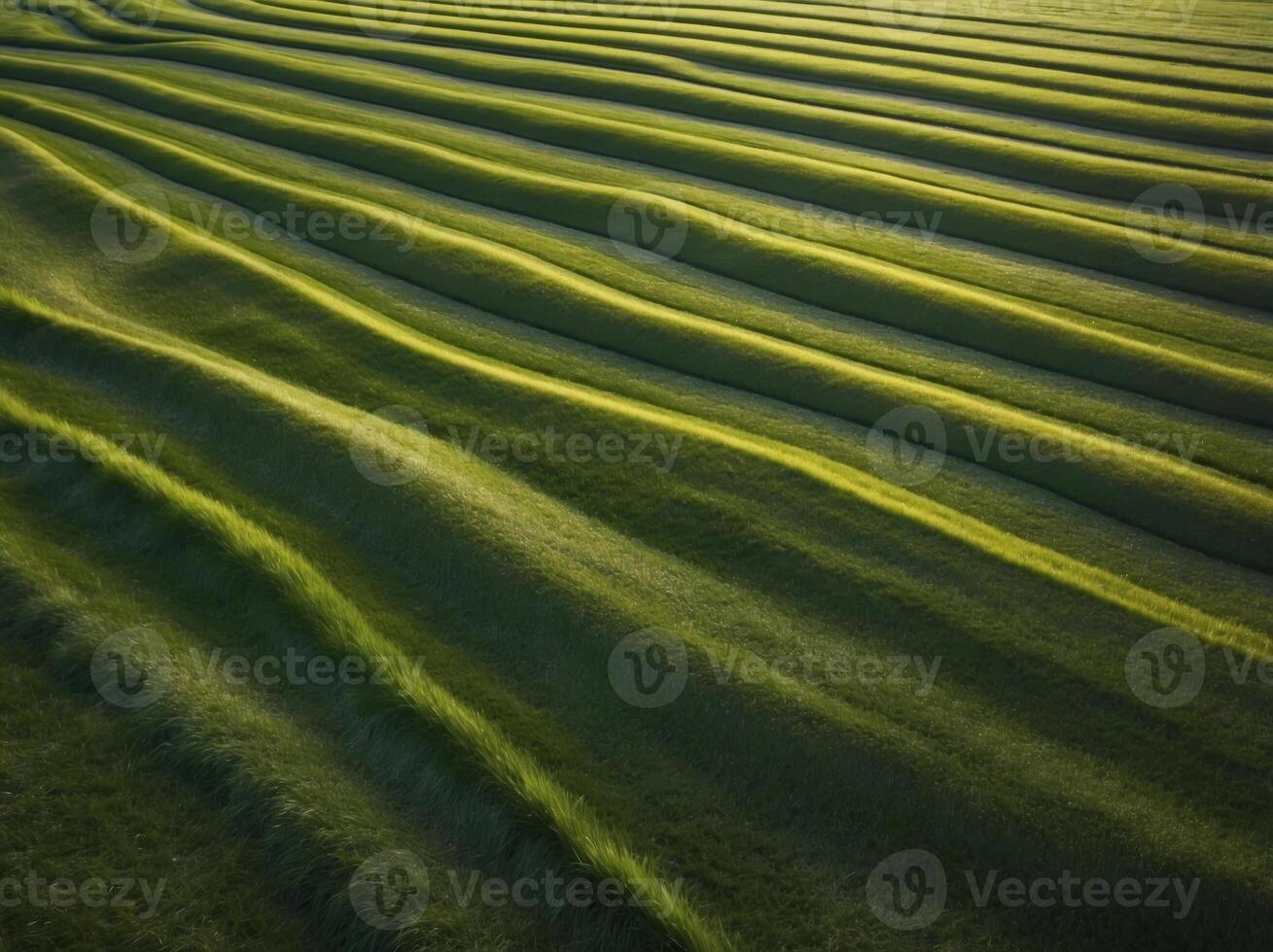 Aerial View of Green Grass Field with Stripes. photo