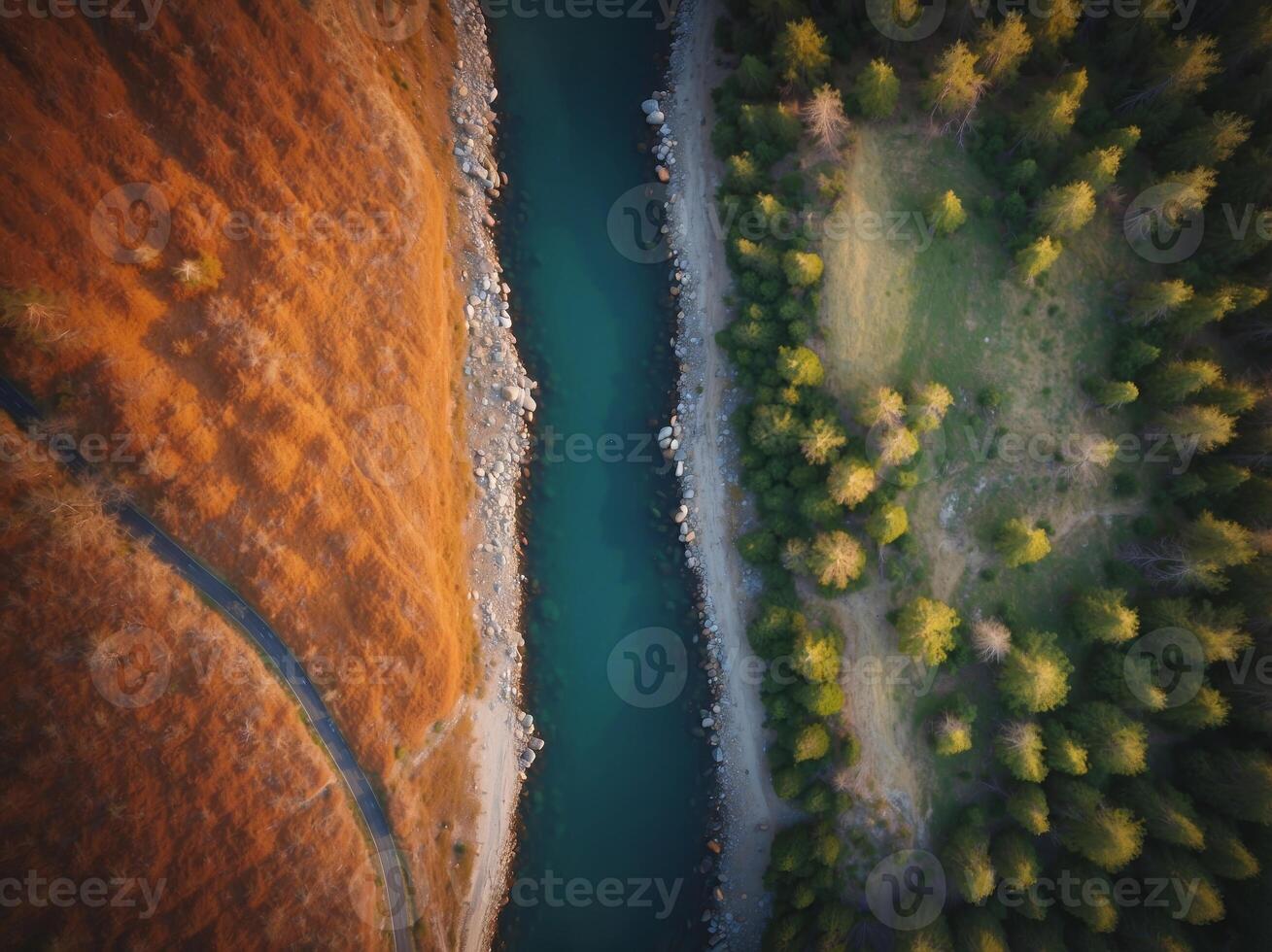 aerial view of a wall separating two distinct landscapes. photo