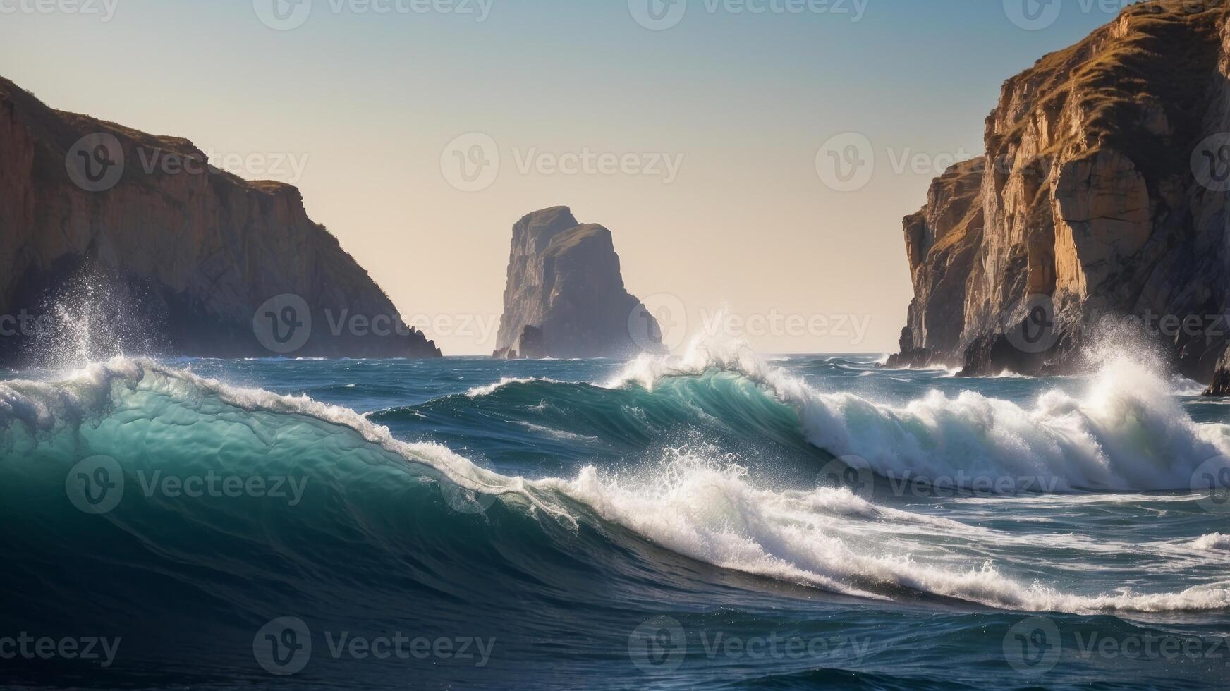 Jagged cliffs meet the churning navy sea under a clear sky. photo