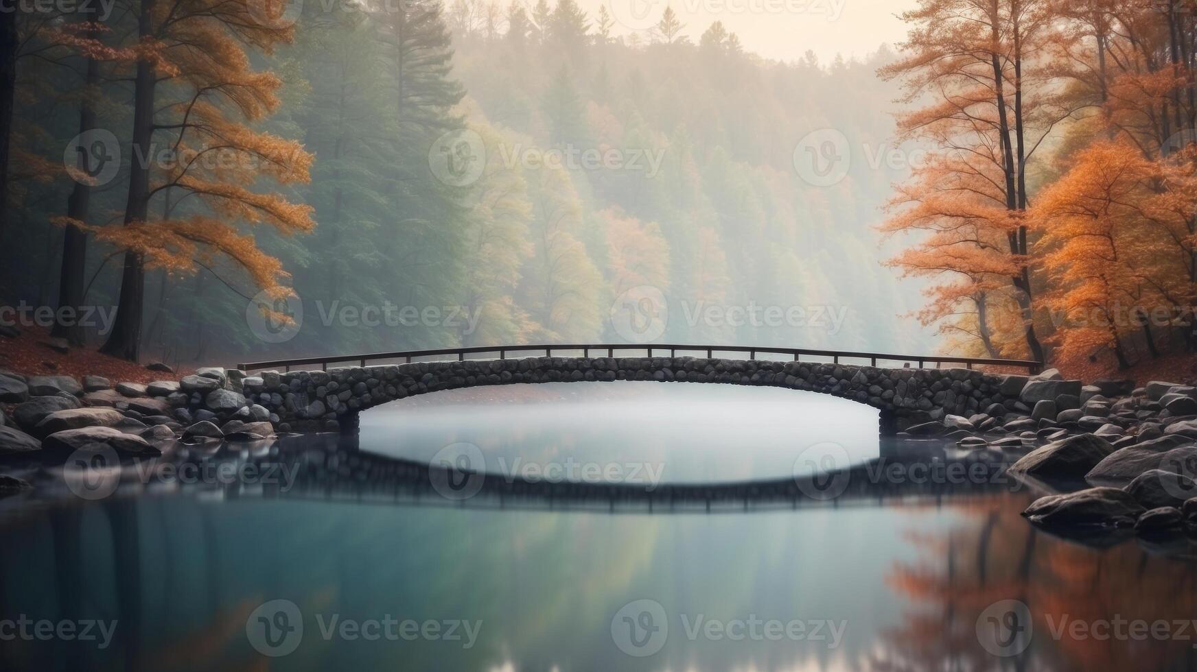 Stone Arch Bridge Over Foggy Lake in Forest. photo