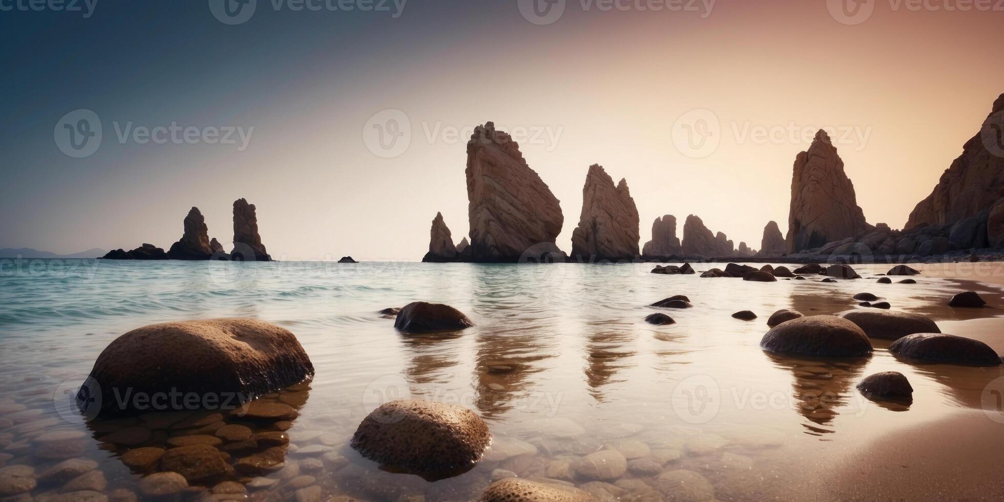 A pristine beach with dramatic rock formations jutting out of the water. photo