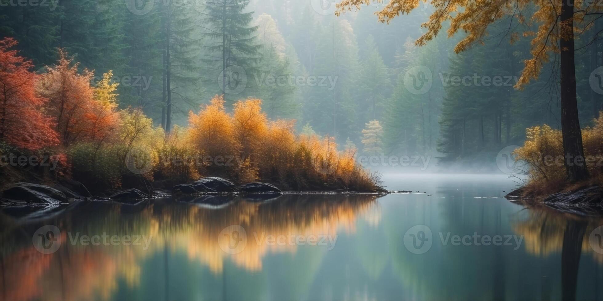 misty forest landscape reflected in water. photo