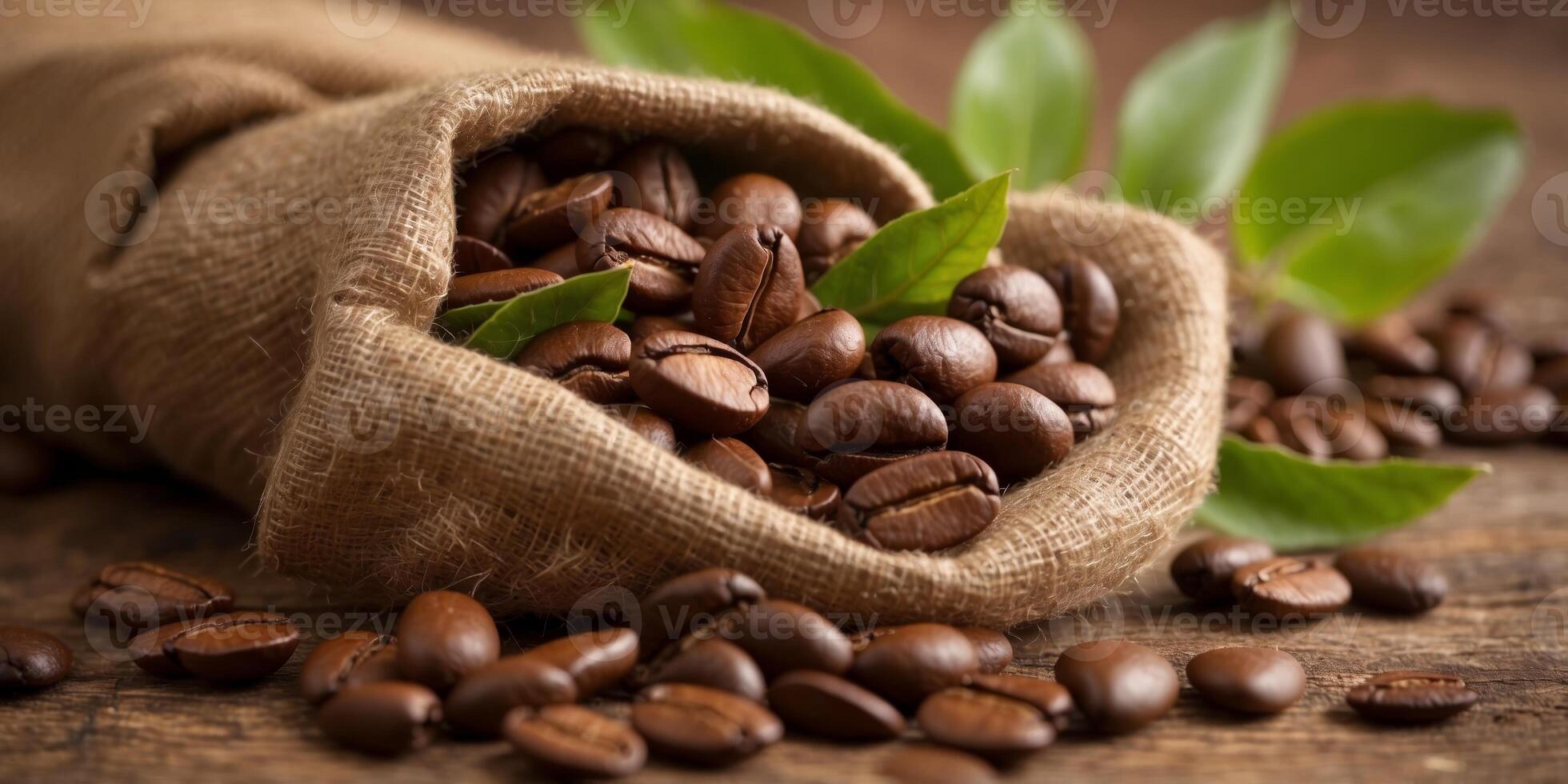 Burlap Sack of Coffee Beans with Fresh Leaves and Cocoa Pods. photo