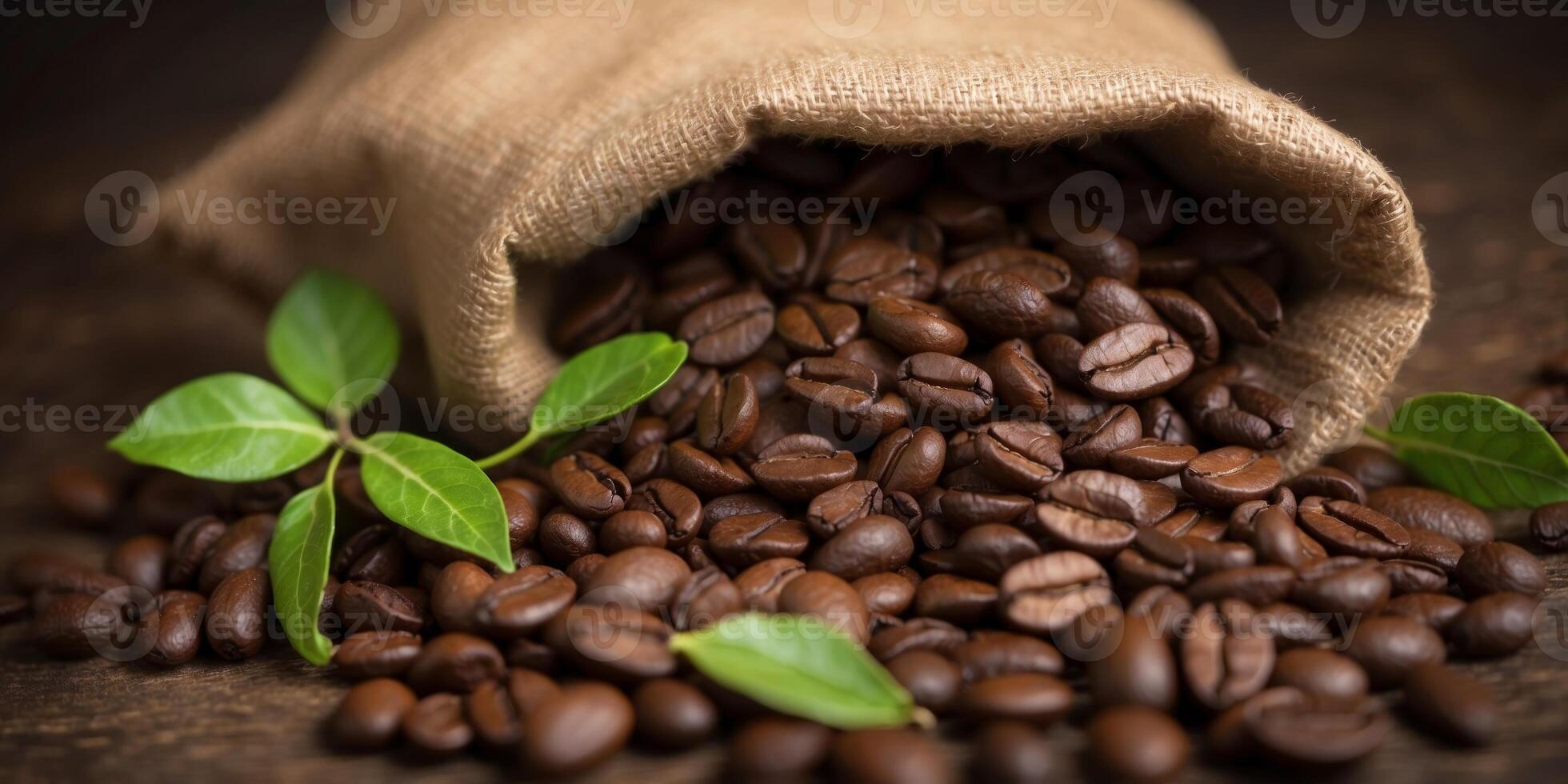 Burlap Sack of Coffee Beans with Fresh Leaves and Cocoa Pods. photo