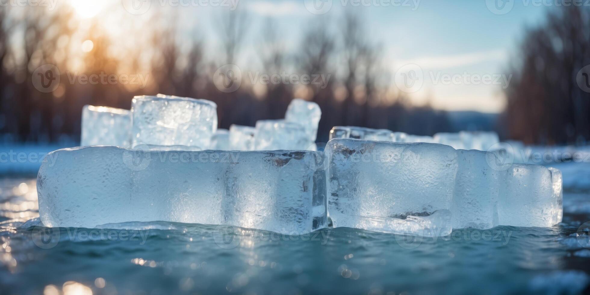 A bridge made of ice is floating over a frozen river. photo