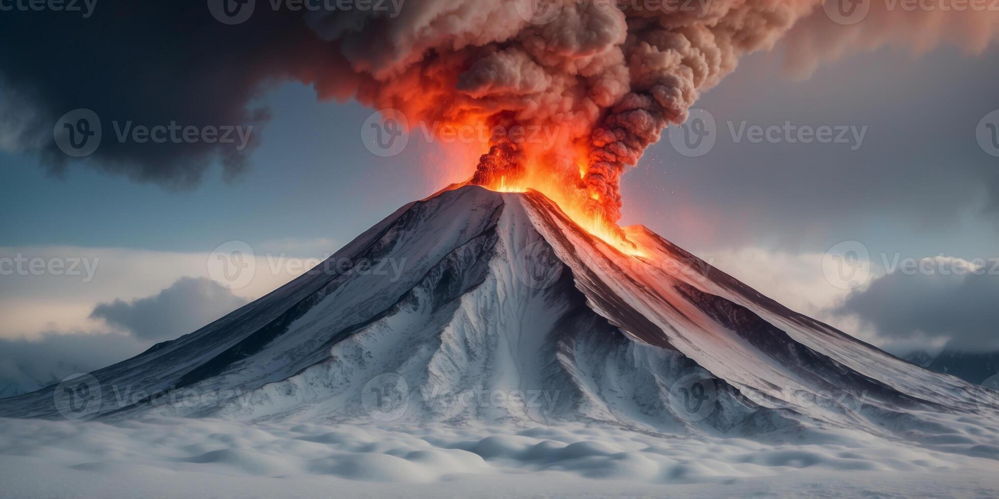 Aerial View of Volcanic Eruption in Snowy Landscape. photo