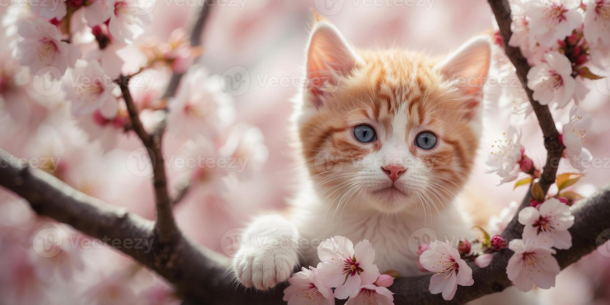 A kitten inside the cherry blossoms seen from above. photo