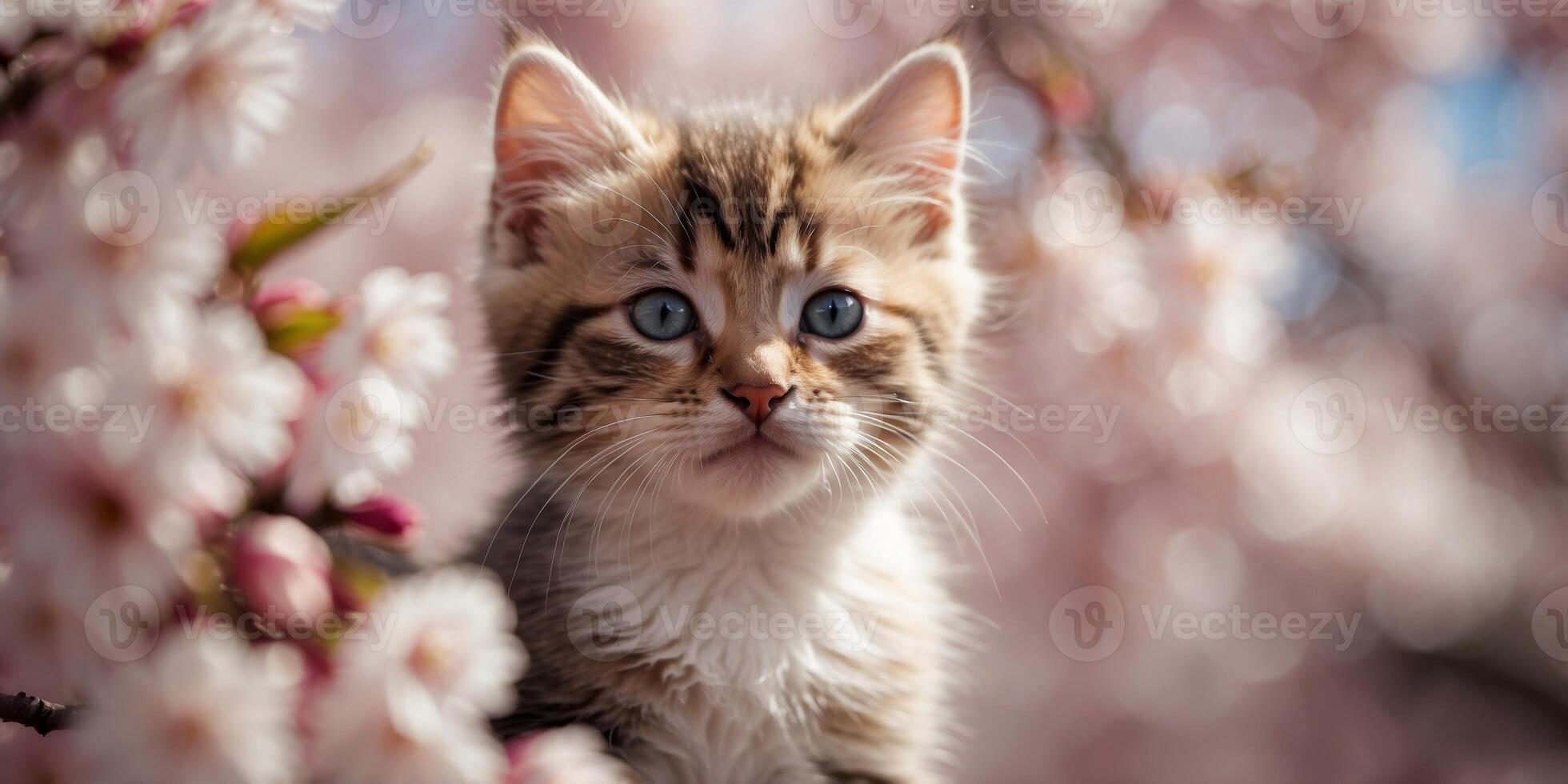 A kitten inside the cherry blossoms seen from above. photo