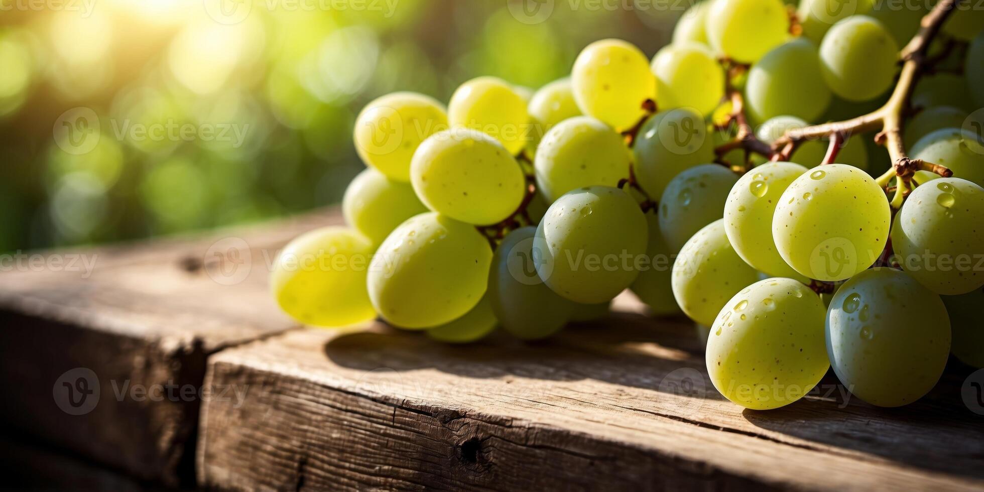 Fresh green grapes on rustic wooden table in sunlight. photo