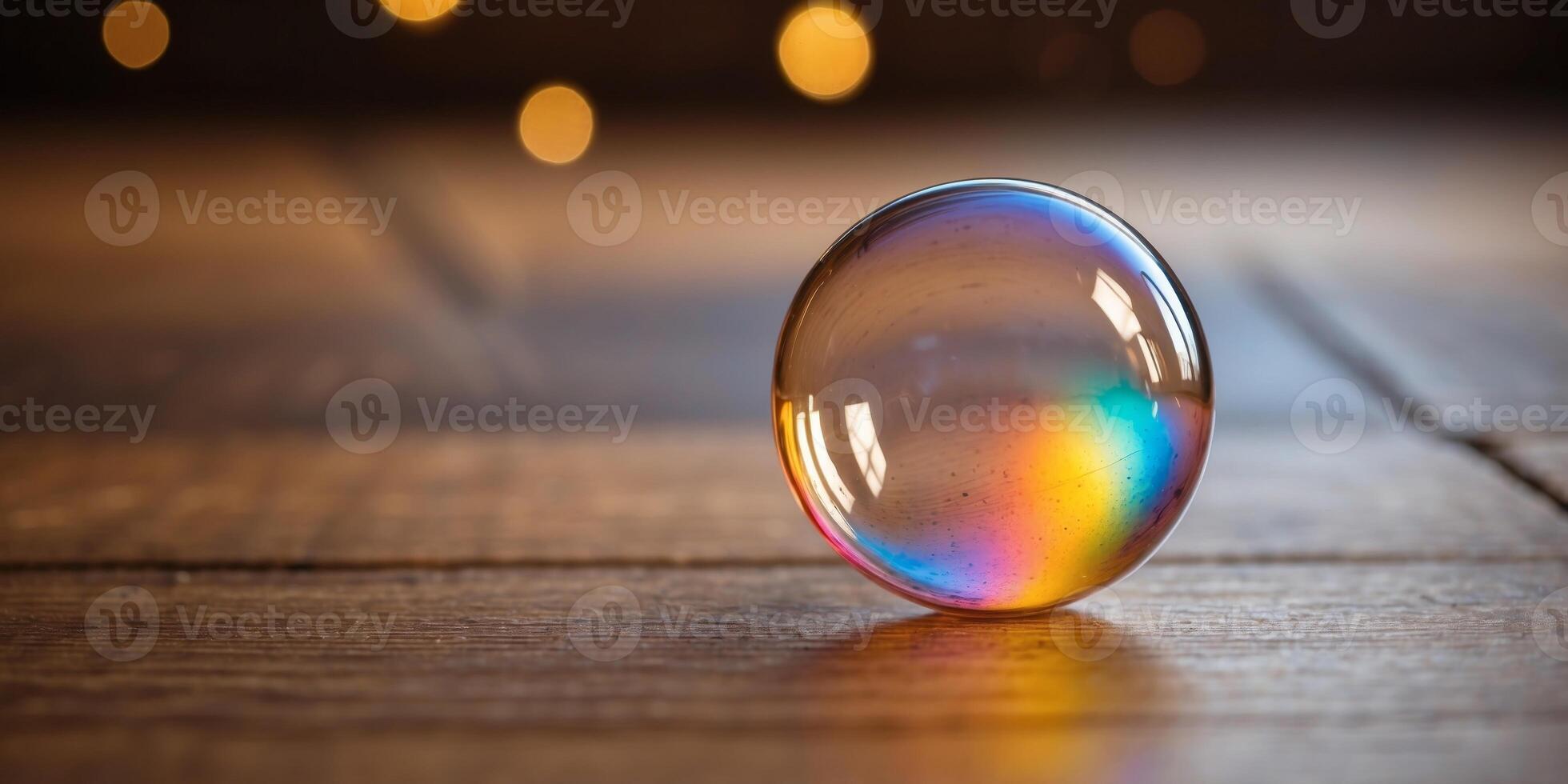 a soap bubble sitting on top of a wooden floor. photo
