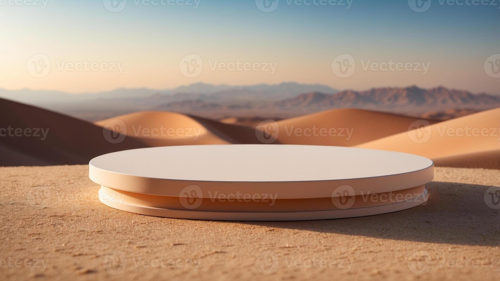 minimal podium in desert with gradient sky for product presentation. photo