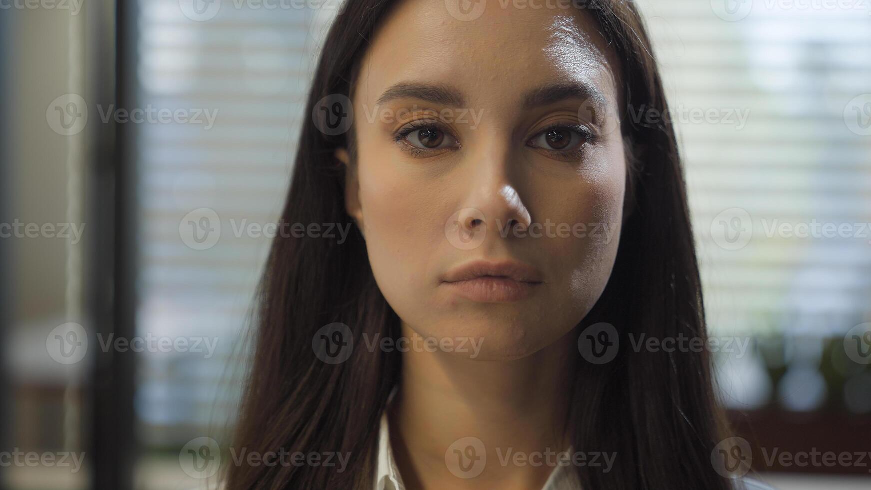 Woman business portrait office worker student girl look down looking at camera serious confident gaze businesswoman Caucasian female employer face manager entrepreneur agent headshot bank consultant photo