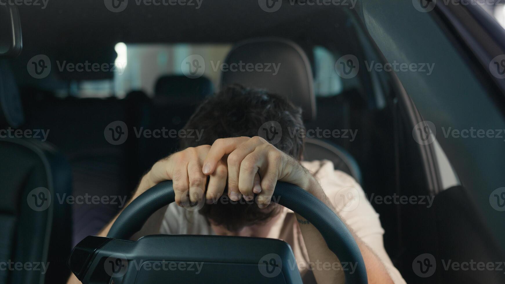 Frustrated stressed worried irritated angry Caucasian driver worry about traffic jam lateness business failure relationship breakup auto broken lost man problem sit in car automobile driving trouble photo