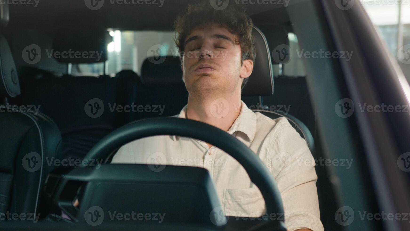 Frustrated stressed worried irritated angry Caucasian driver worry about traffic jam lateness business failure relationship breakup auto broken lost man problem sit in car automobile driving trouble photo