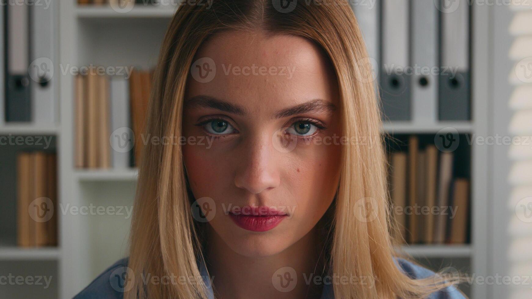Caucasian dissatisfied negative disappointed frowning student girl in library woman waving head no index finger answer deny rejection never not reject gesture Businesswoman at office forbid refusal photo