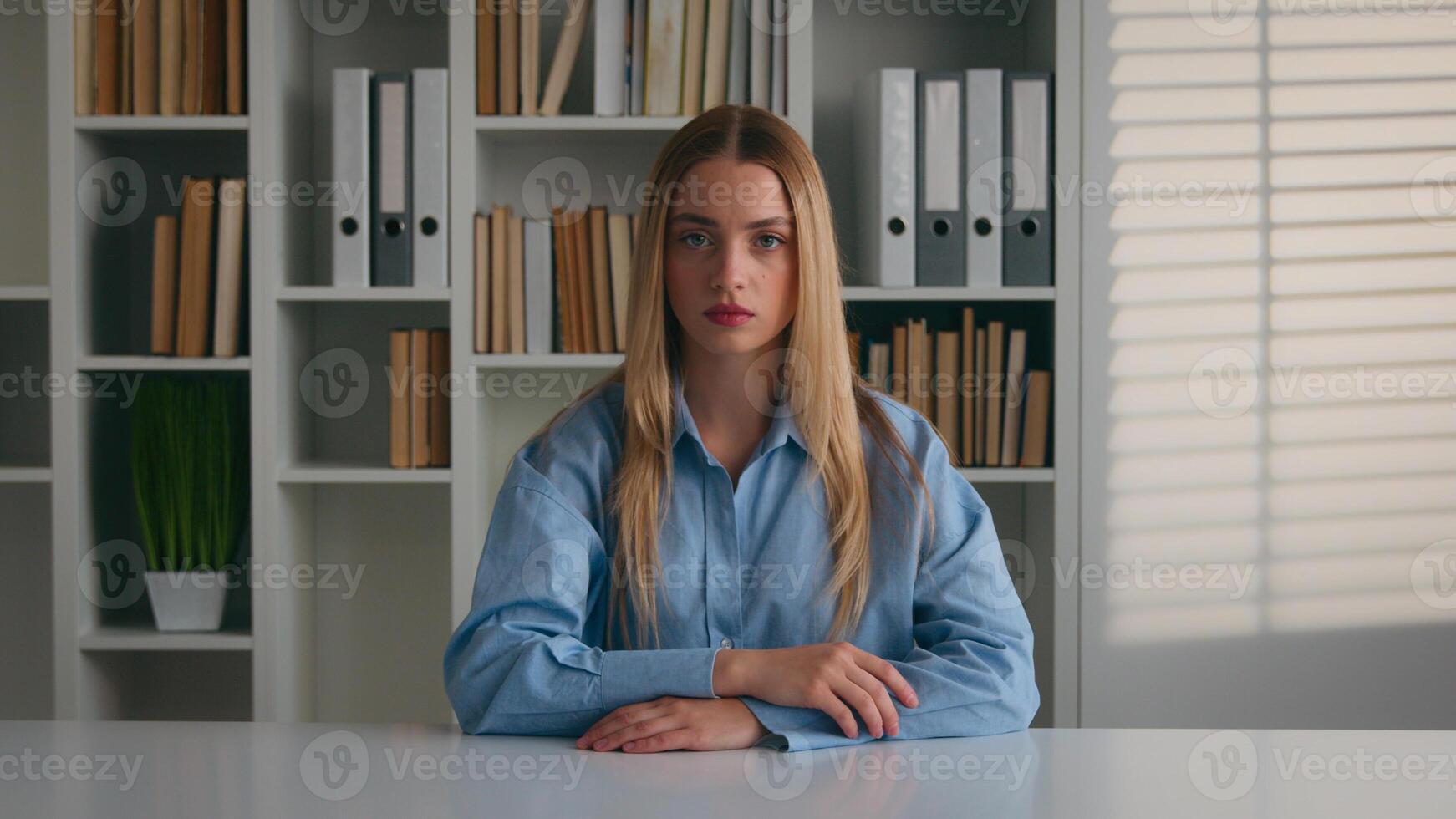 Caucasian angry woman waving index finger treating rejection no never not deny gesture. Businesswoman at office table negative warning student girl at home library dissatisfied forbid condemning scold photo